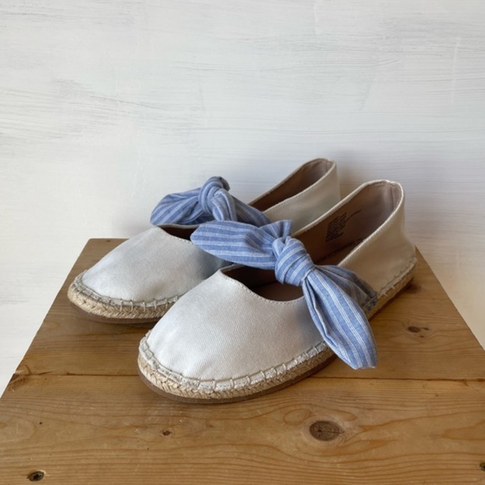 Canvas Espadrille Flats with Blue Striped Ankle Tie